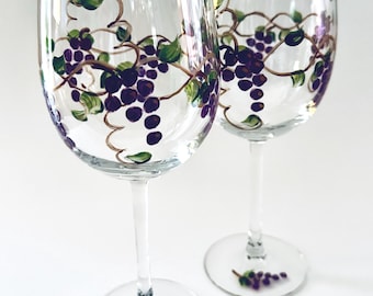 Hand Painted Grapevine Wine Glasses, Art Gift for Wine Lovers, set of two