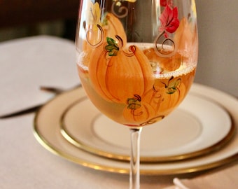 Pumpkin Wine Glass with Fall Leaves. Halloween and Thanksgiving wine glass. Hand painted. Large capacity. USA made.