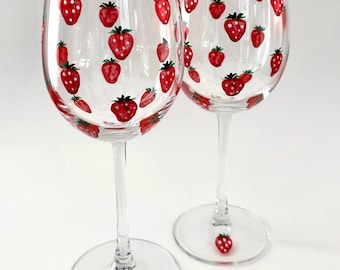Custom Strawberry Wine Glasses Minimalist hand painted no Birthday Gift Summer Decor Anniversary Present