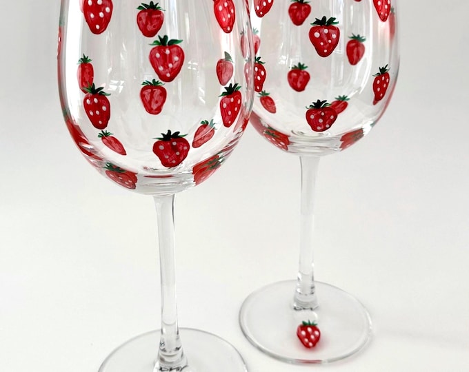 Custom Strawberry Wine Glasses Minimalist hand painted no Birthday Gift Summer Decor Anniversary Present