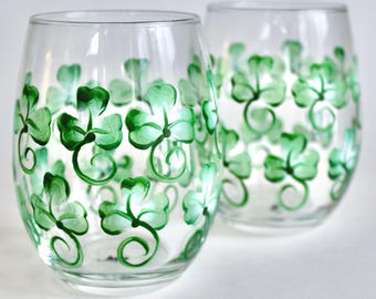 Hand Painted Shamrock Stemless Wine Glasses - St. Patrick's Day Set