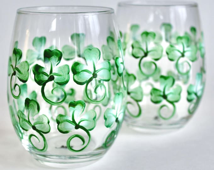 Hand Painted Shamrock Stemless Wine Glasses - St. Patrick's Day Set