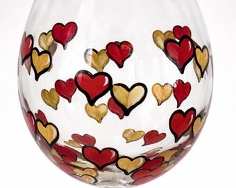 Hand Painted Red Hearts Wine Glass – wedding Toasting Glass