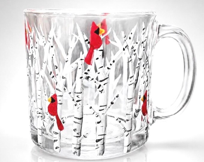 Hand painted Cardinal Birch Forest Glass Coffee Mug