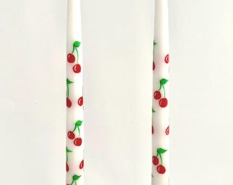 Hand Painted Cherry Taper Candles - Set of 2 - 12 Inch