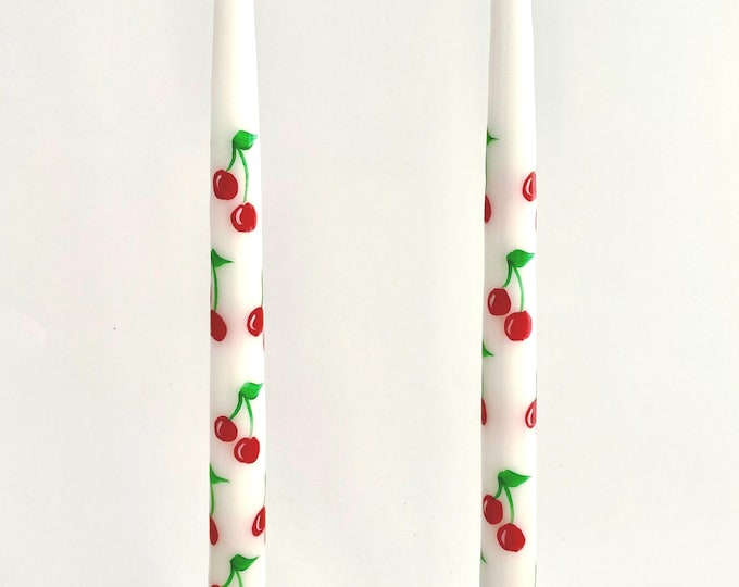Hand Painted Cherry Taper Candles - Set of 2 - 12 Inch