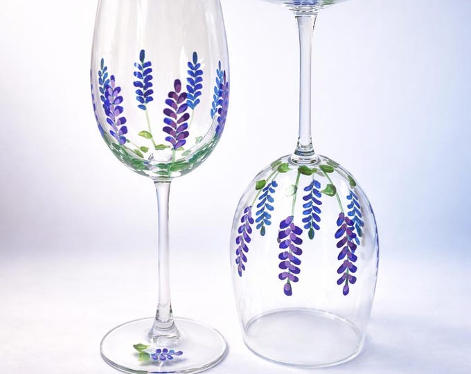Minimalist lavender wine glasses, set of two, hand painted, floral decor, personalized Mother’s Day gift, purple flowers. Made in USA.