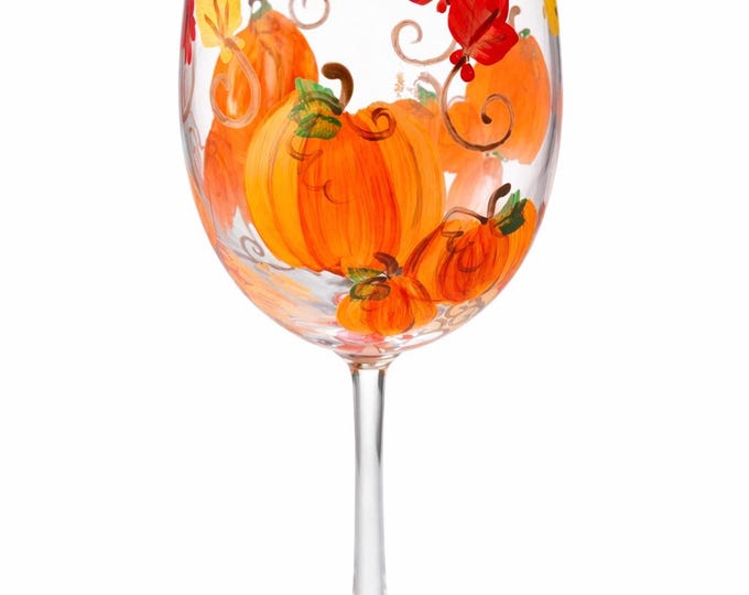 Hand Painted Pumpkin Wine Glass: Fall Leaves, Thanksgiving Decor