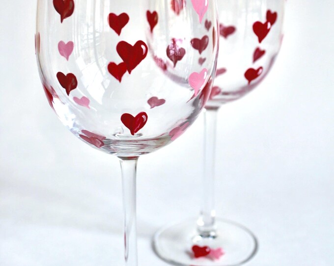 Hand Painted Hearts Wine Glasses - Minimalist, Wedding Gift, Set of Two