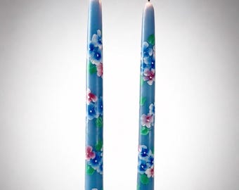 Hand Painted Hydrangea on blue Taper Candles, Set of 2, Unscented Slow Burning, 12" Long