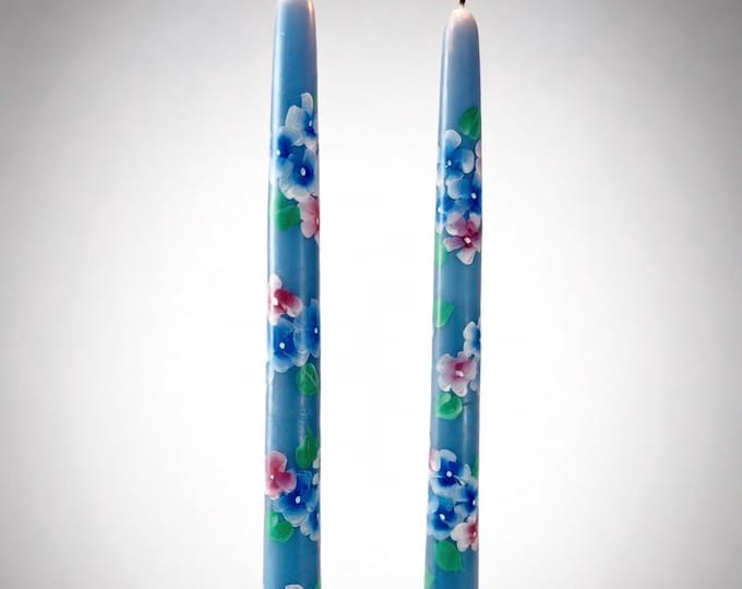Hand Painted Hydrangea on blue Taper Candles, Set of 2, Unscented Slow Burning, 12" Long