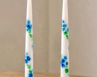 Hand Painted Floral Hydrangea Candles, Set of 2, Unscented Slow Burning, 12" Long