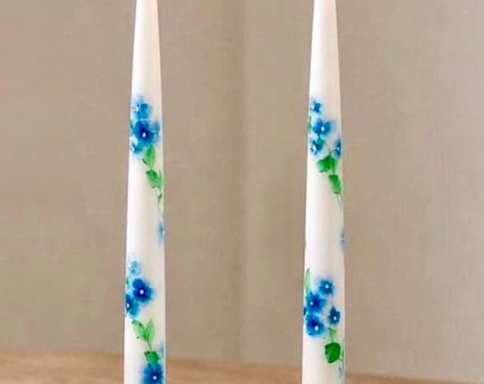 Hand Painted Floral Hydrangea Candles, Set of 2, Unscented Slow Burning, 12" Long
