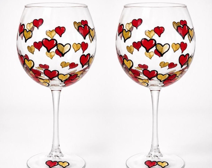 Hand Painted Red Hearts Wine Glasses set of 2– wedding Toasting Glasses
