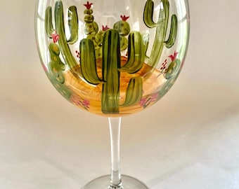 Hand painted cactus wine glass, Arizona desert decor, retirement gift, Large capacity. Christmas cactus, Western decor.