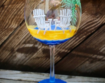 Hand Painted Wine Glass: Adirondack Chairs & Palm Tree, Island Art