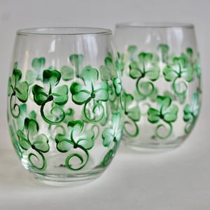 Stemless St. Patrick's Day wine glasses hand painted shamrocks. Set of two. March Irish birthday glasses, Wine lover gift for her.