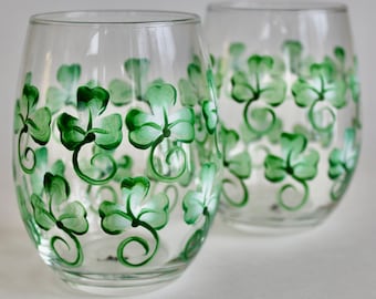Stemless St. Patrick's Day wine glasses hand painted shamrocks. Set of two. March Irish birthday glasses, Wine lover gift for her.