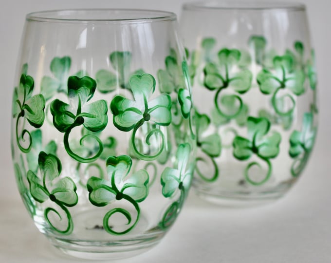 Stemless St. Patrick's Day wine glasses hand painted shamrocks. Set of two. March Irish birthday glasses, Wine lover gift for her.