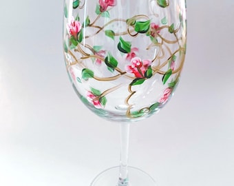 Hand painted rose wine glass, floral birthday, engagement, anniversary gift for her