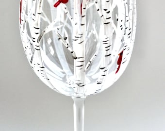 Hand Painted Cardinal Wine Glass: Birch Tree Memorial Gift