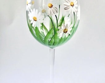 Hand Painted Daisy Wine Glass: April Birth Month Flower Gift