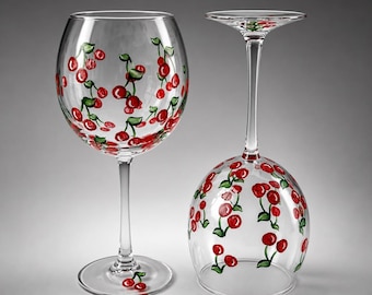 Hand Painted Wine Glasses, Set of 2 Cherry stem or stemless Summer party gift