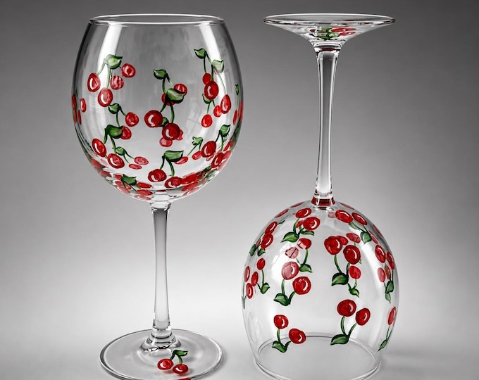 Hand Painted Wine Glasses, Set of 2 Cherry stem or stemless Summer party gift