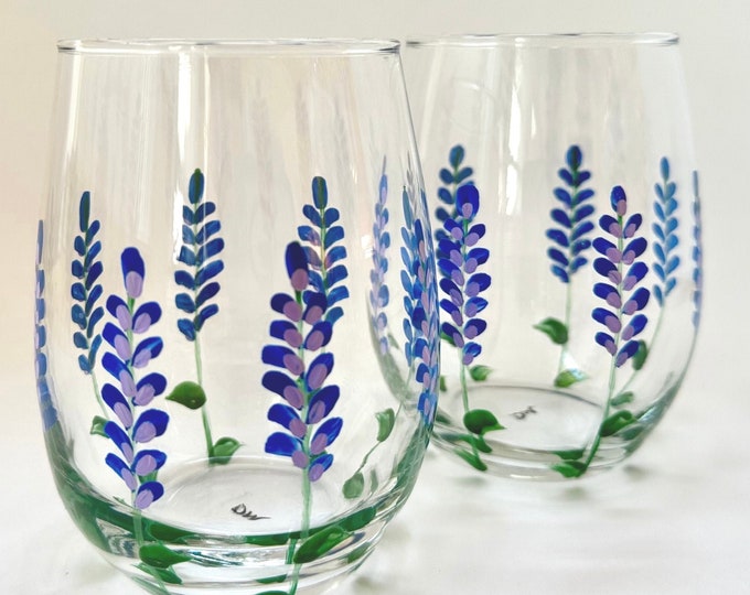Lavender stemless wine glasses, set of two hand painted, wedding, engagement gift for her.