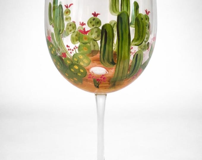Hand Painted Cactus Wine Glass - Unique Desert Barware Gift for Arizona Lovers Saguaro Stemware