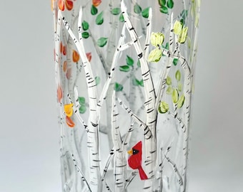 Hand Painted Birch Tree Glass Vase: Four Seasons Floral Decor