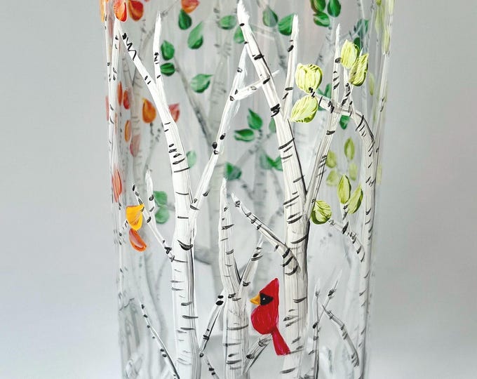Hand Painted Birch Tree Glass Vase: Four Seasons Floral Decor
