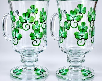 Hand Painted Shamrock Irish Coffee Mugs - Vintage Pedestal Style, Set of 2