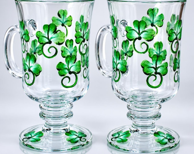 Hand Painted Shamrock Irish Coffee Mugs - Vintage Pedestal Style, Set of 2