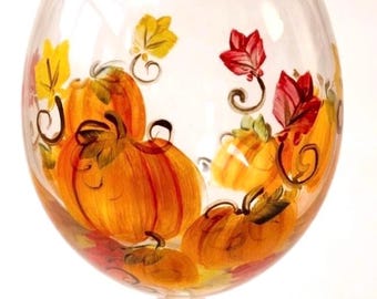 Hand Painted Pumpkin Wine Glass: Fall Leaves Thanksgiving Decor
