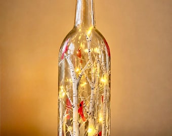 Memorial Gift Bottle Light: Cardinal and Birch Tree Design