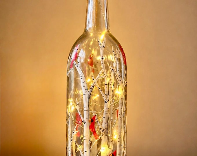 Memorial Gift Bottle Light: Cardinal and Birch Tree Design