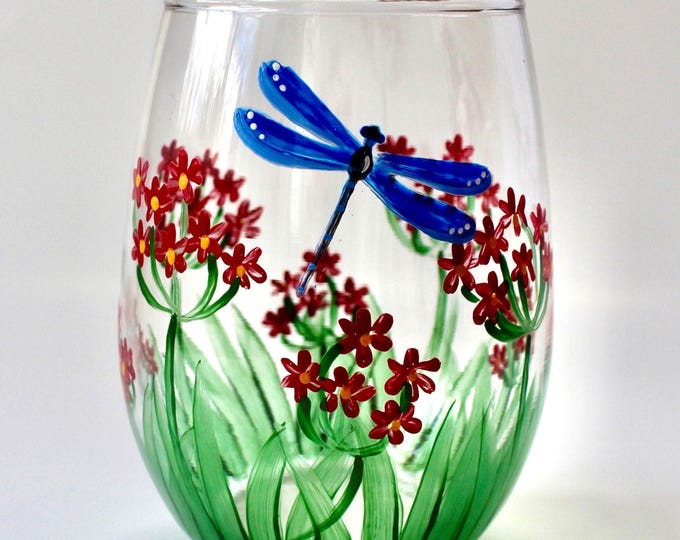 Hand Painted Wine Glass, Custom Dragonfly Botanical Floral Nature Decor