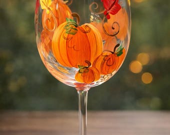 Hand Painted Pumpkin Wine Glass: Fall Leaves Thanksgiving Decor