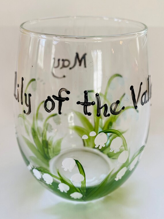 May birth flower Lily of the Valley hand painted stemless wine glass.  Made in USA