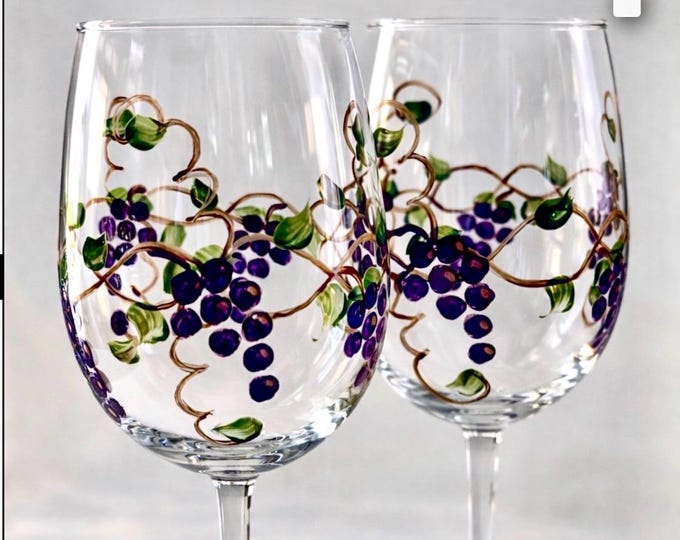 Hand Painted Grapevine Wine Glasses, Art Gift for Wine Lovers, set of two