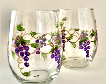 Wine Glasses with hand painted grapes - Set of two large stemless - Unique gift for her - wine lover gift -USA made