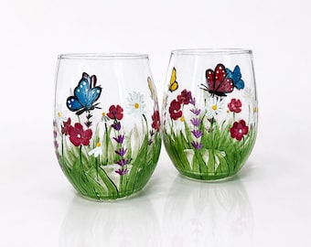 Hand Painted Floral Butterfly Stemless Wine Glasses: Set of 2 Botanical Garden Wedding Gifts