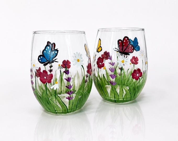 Hand Painted Floral Butterfly Stemless Wine Glasses: Set of 2 Botanical Garden Wedding Gifts