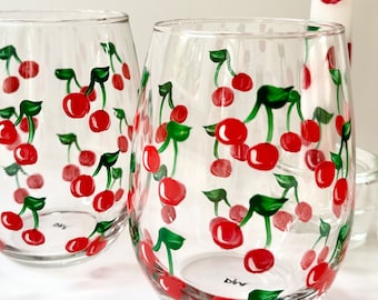 Summer hostess gift! Hand painted Cherry wine glasses- Minimalist design - Set of 2 stemless wine glasses, gift for her, wine lover gift.