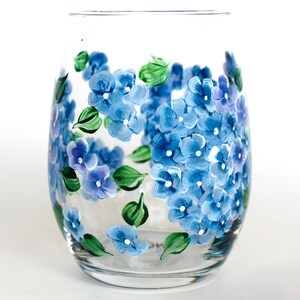 Hand Painted Hydrangea Stemless Wine Glass: Garden Gift floral decor