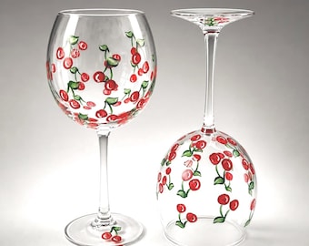 Hand Painted Wine Glasses, Set of 2 Cherry stem or stemless Summer party gift
