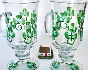 Hand Painted Shamrock Irish Coffee Mugs - Vintage Pedestal Style, Set of 2