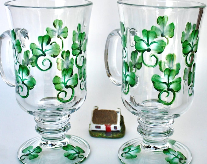 Hand Painted Shamrock Irish Coffee Mugs - Vintage Pedestal Style, Set of 2