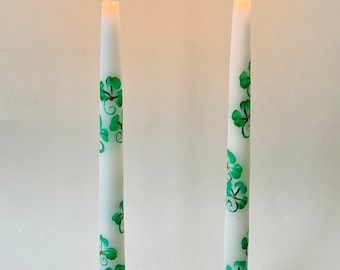 Taper candles shamrock hand painted , 12 inch  set of two, cotton wicks.  St. Patrick’s Day party - March birthday gift. Unscented.